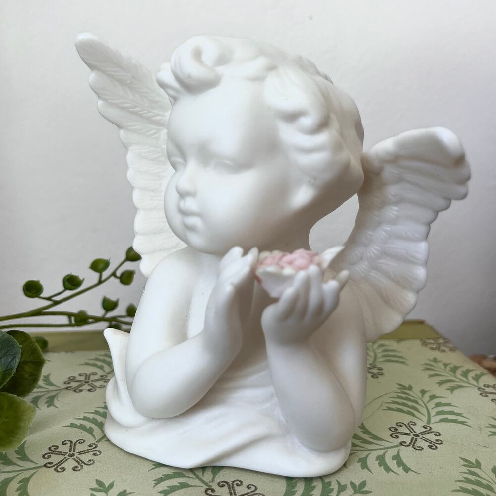 Vintage 60s White Bisque Porcelain Cherub Angel Pink Flower Lenwile Ardalt Japan
